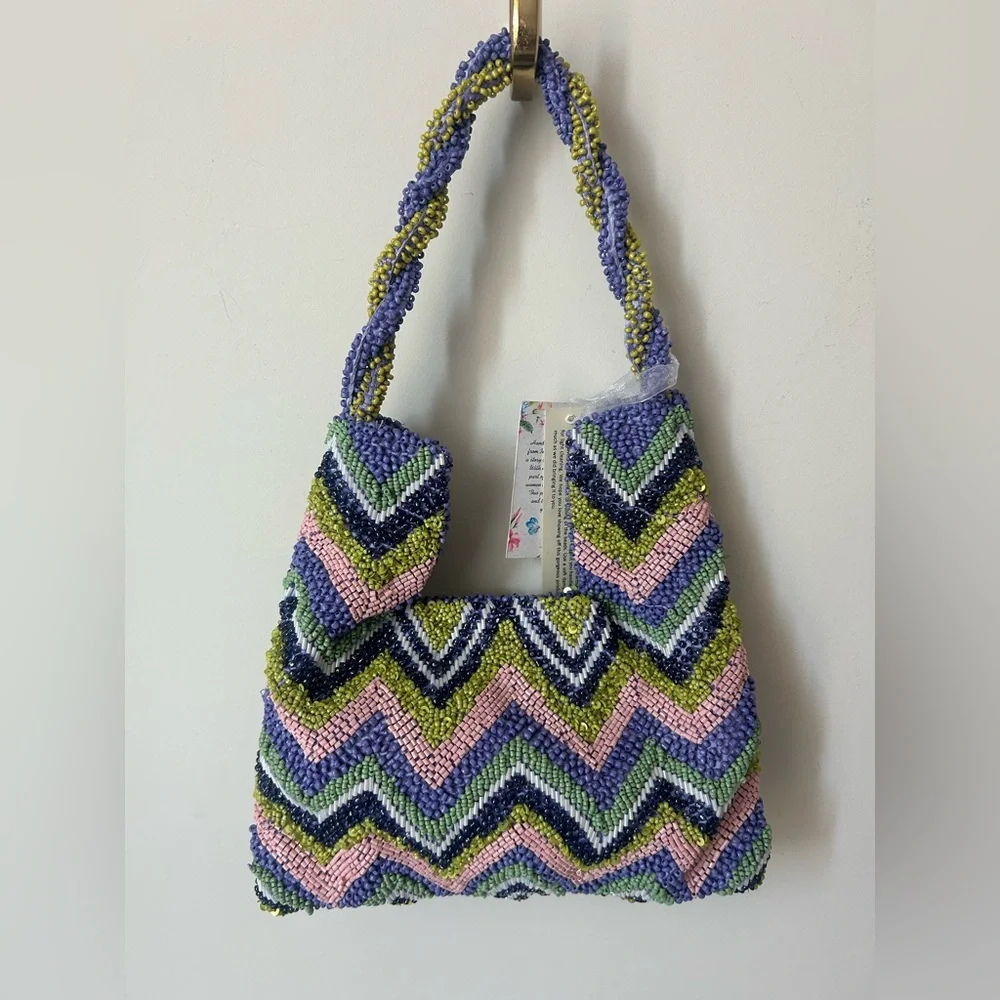 beaded purple blue chevron twisted handle bag